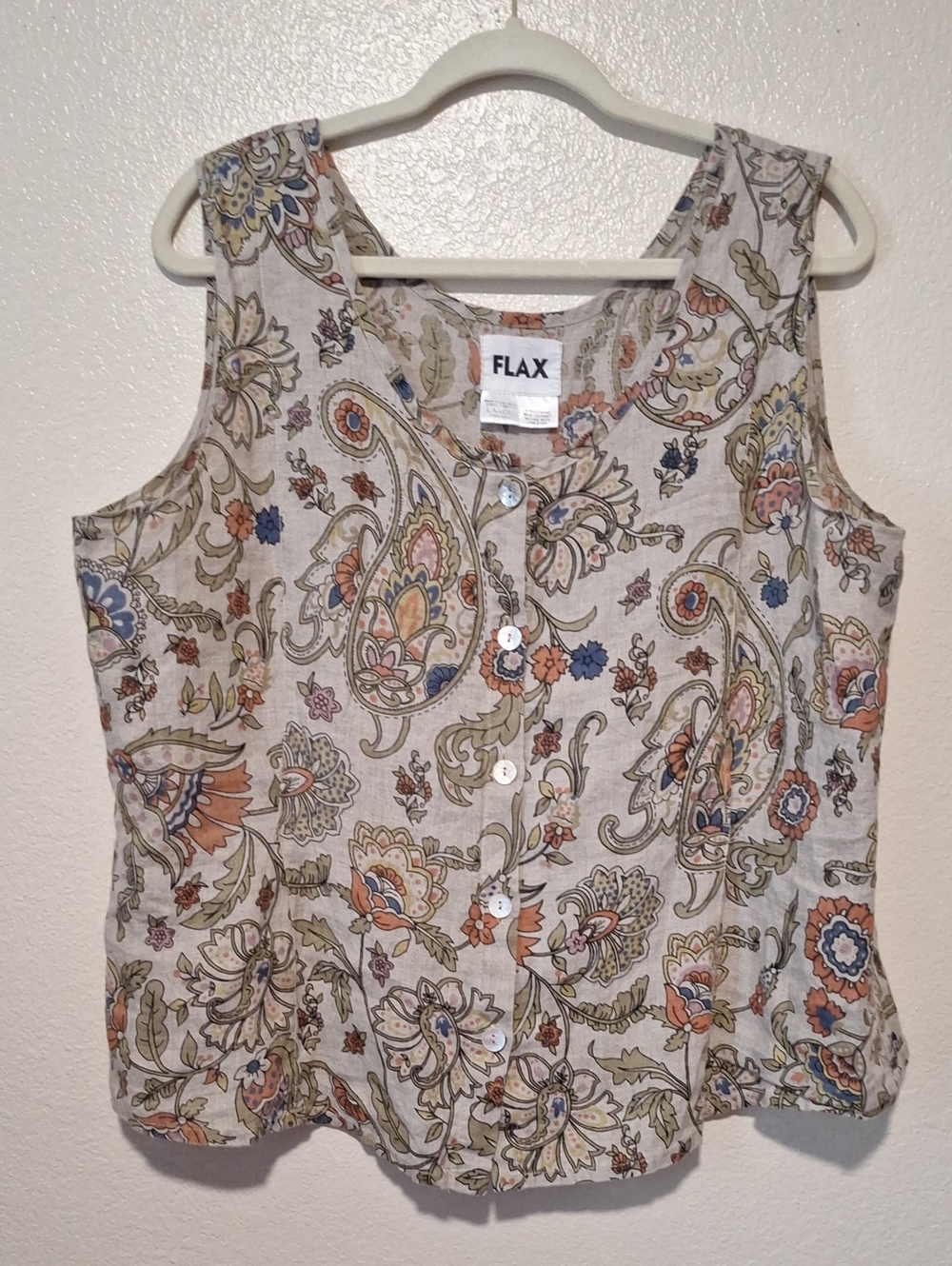 FLAX Sleeveless Lightweight Lagenlook  Button-Front  Paisley, Large